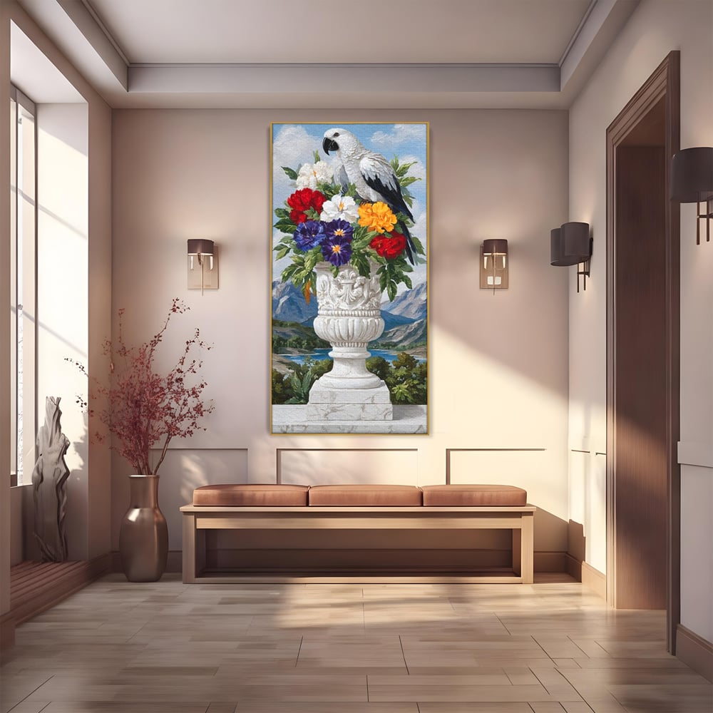 Tablou canvas cu tablou canvas cu papagal si vaza cu flori, in rama de aluminiu auriu